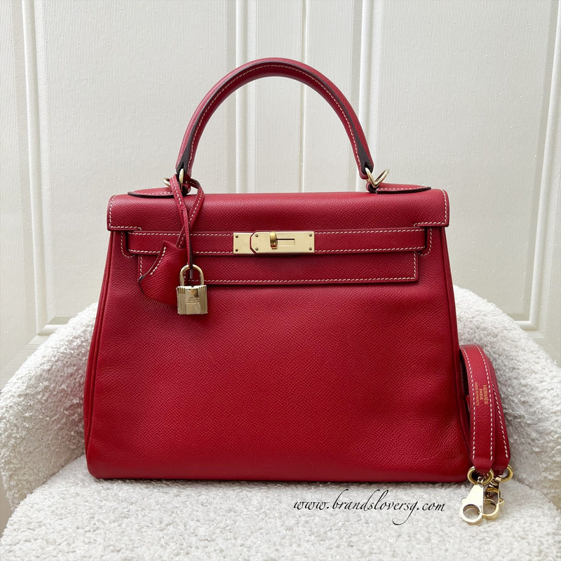 Hermes Kelly 28 in Rouge Casaque Epsom Leather, Bleu Thalassa Interior and GHW