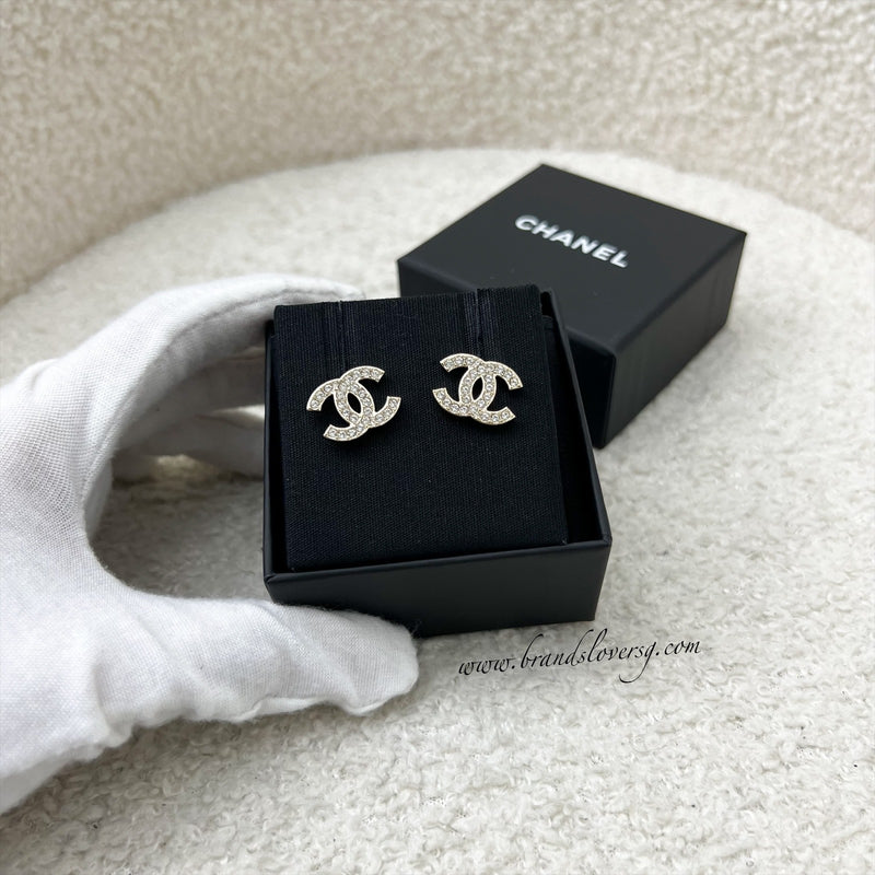 Chanel Classic CC Logo Earrings with Crystals and GHW