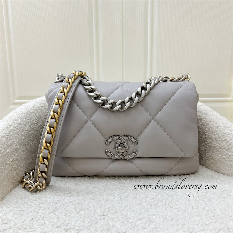 Chanel 19 Small Flap in Light Grey Lambskin with Silver Turnlock in 3-tone HW