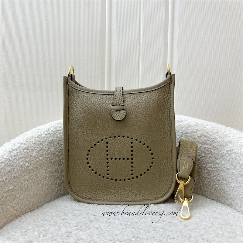 Hermes Mini Evelyne 16 in Beige Marfa Clemence Leather, Canvas Strap and GHW