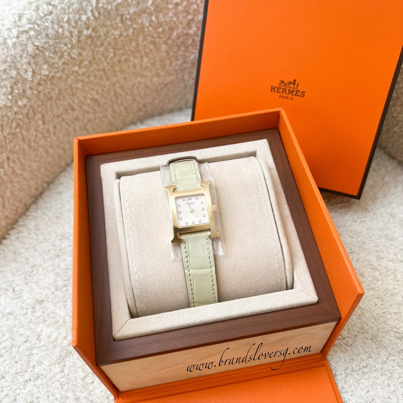 Hermes Heure H Small Watch with Diamond Markers, Gold Plated Case and Beton Matte Alligator Strap