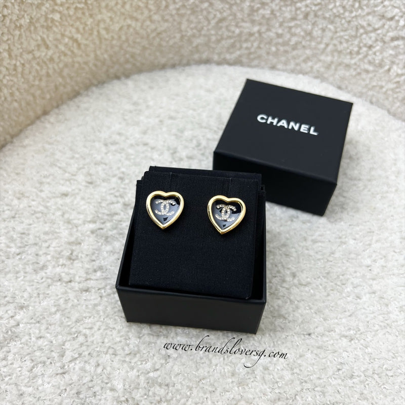 Chanel 25B Heart Earrings with Crystal Studded CC in Black Enamel and LGHW