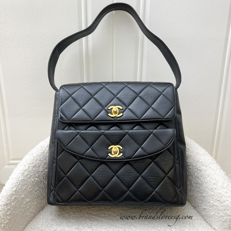 Chanel Vintage Double Pocket Shoulder Bag in Black Lambskin and 24K GHW