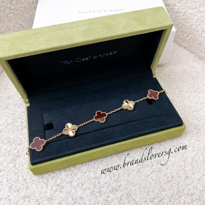 Van Cleef & Arpels VCA Vintage Alhambra 5 Motifs Guilloché Bracelet with Carnelian in 18K Rose Gold (Shortened, with Extra Links)