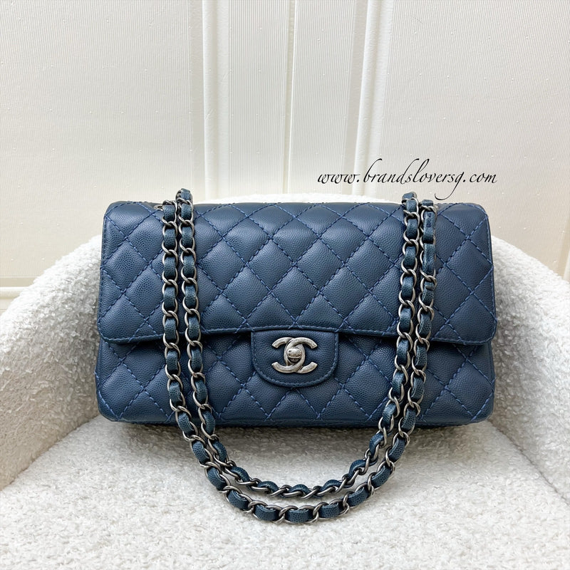 Chanel Medium Classic Flap CF in Dark Blue Caviar and RHW