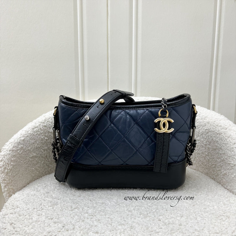 Chanel Small Gabrielle Hobo Bag in Navy Distressed Calfskin, Black Base and 3-tone HW