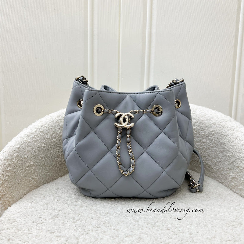 Chanel Drawstring Bucket Bag in Light Grey Lambskin and LHGW (Model: AS1698)