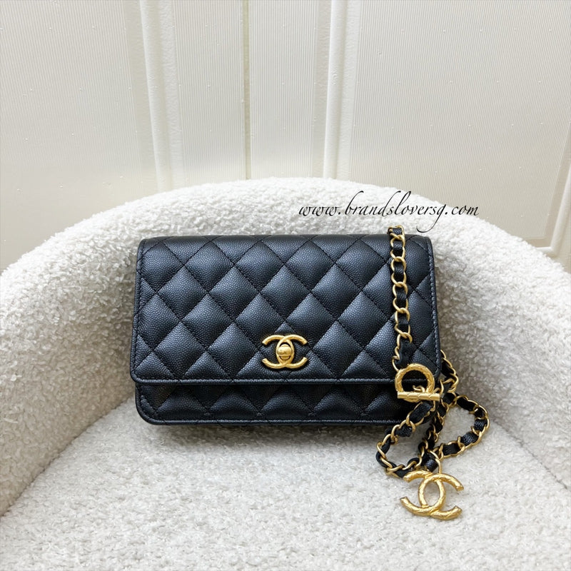 Chanel 23B Adjustable Chain Wallet On Chain WOC in Iridescent Black Caviar and AGHW (AP3479)