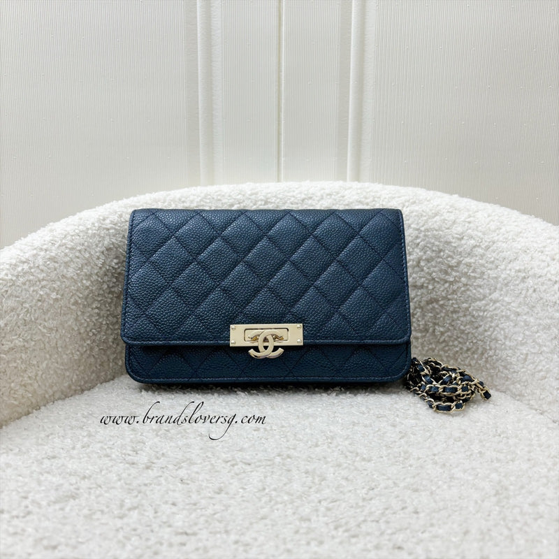 Chanel Golden Class Wallet On Chain WOC in Iridescent Blue Caviar and GHW