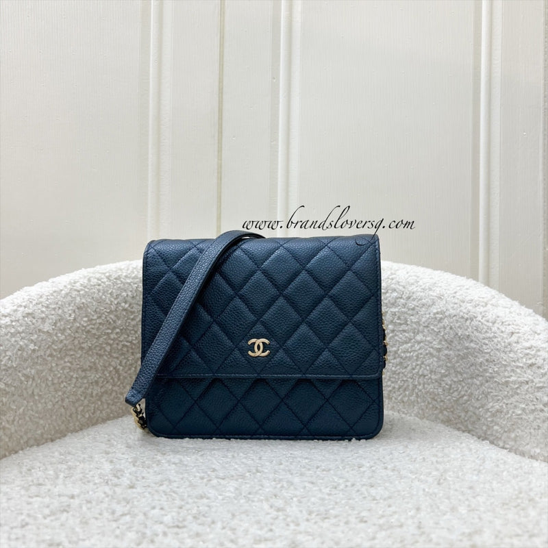 Chanel Square Wallet on Chain WOC in Metallic Blue Caviar and LGHW (Model: A84310)