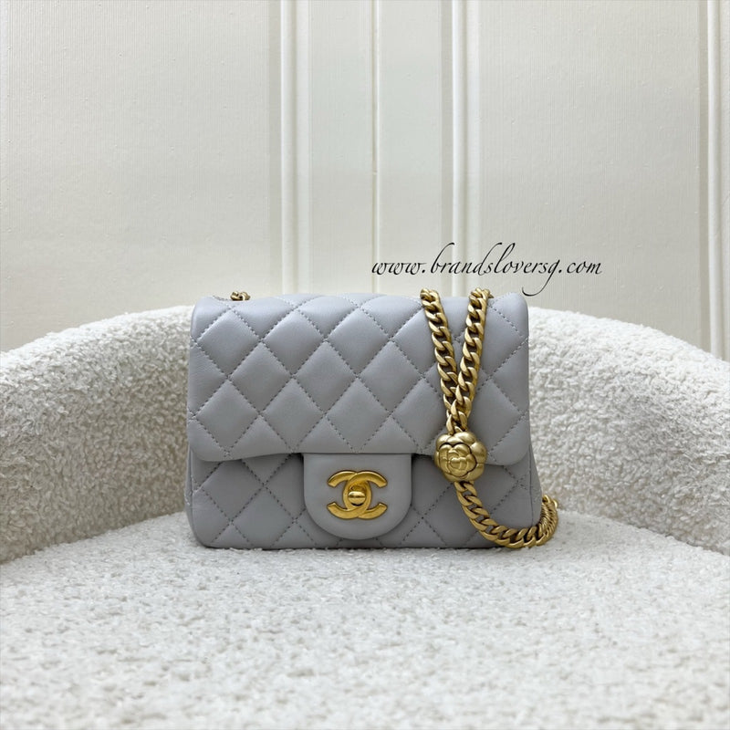 Chanel 25P Camellia Crush Adjustable Chain Mini Square Flap in Light Grey Lambskin and AGHW