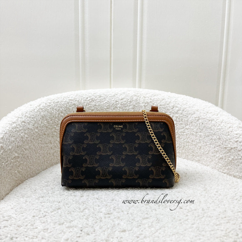 Celine Clutch on Chain in Triomphe Canvas, Tan Calfskin and GHW