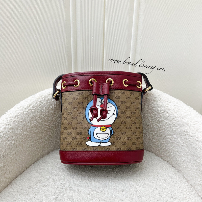 Gucci x Doraemon Small Bucket Bag in Signature Canvas, Red Calfskin and GHW