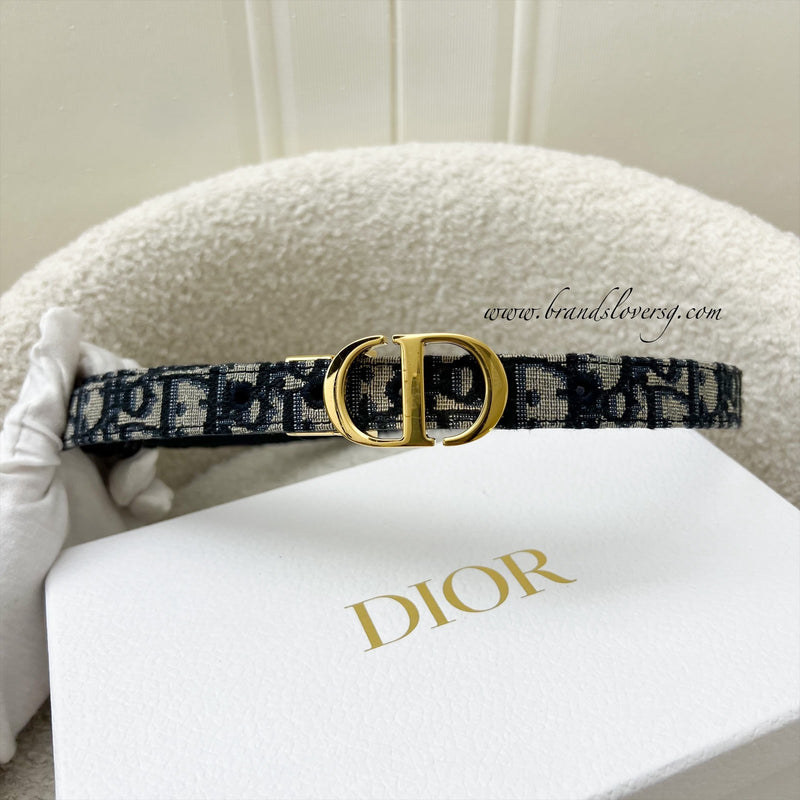 Dior 30 Montaigne Reversible Women Belt in Blue Smooth Calfskin / Dior Oblique Canvas and GHW