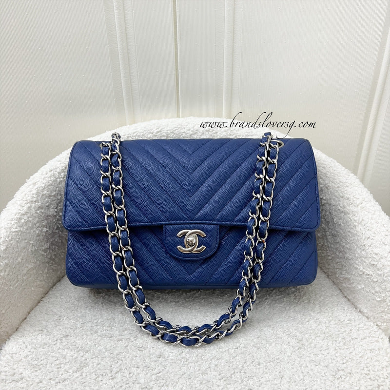 Chanel Medium Classic Flap CF in Chevron Quilted Blue Caviar and SHW