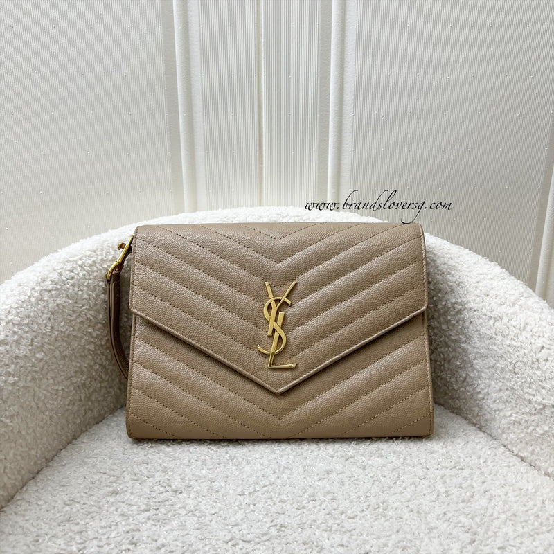 Saint Laurent Monogram Clutch in Dark Beige Grained Leather and GHW