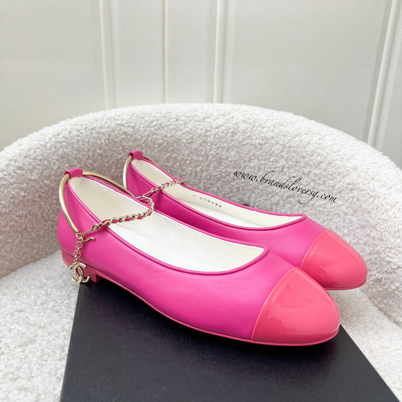 Chanel Ballerina Pumps in Hot Pink Lambskin and Patent Leather with Chanel Logo Dangling Charm Sz 36