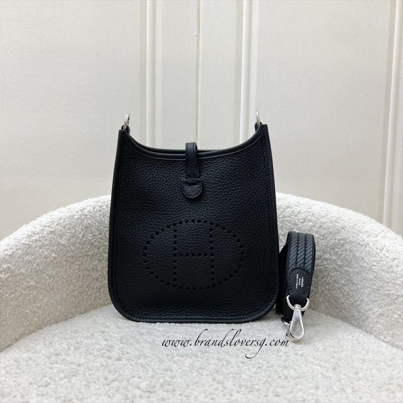 [New Short Strap - Oct 2024] Hermes Mini Evelyne TPM in Noir Black Clemence Leather, Gris Misty / Noir Strap and PHW