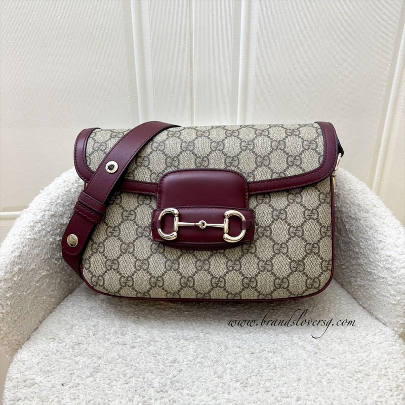 Gucci Horsebit 1955 Soft Medium Shoulder Bag in Coated Canvas, Burgundy Leather and LGHW