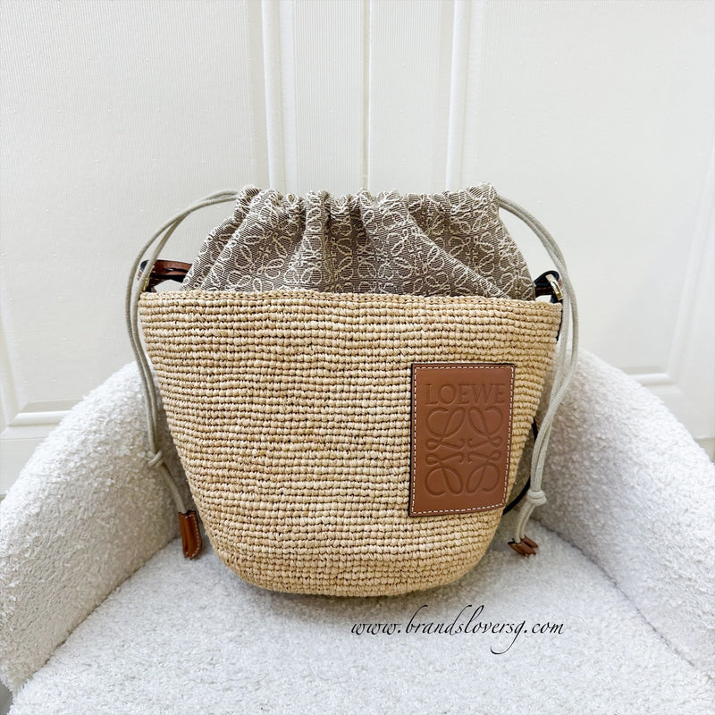 Loewe Slit Pochette Bag in Natural Raffia Tan Calfskin and GHW