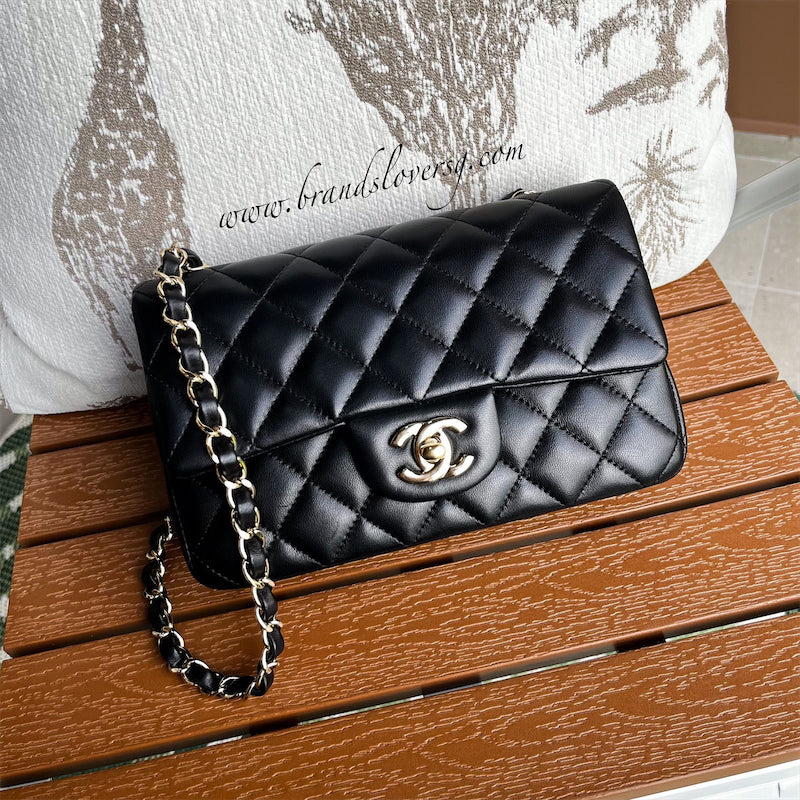 Chanel Classic Mini Rectangle Flap in Black Lambskin and LGHW