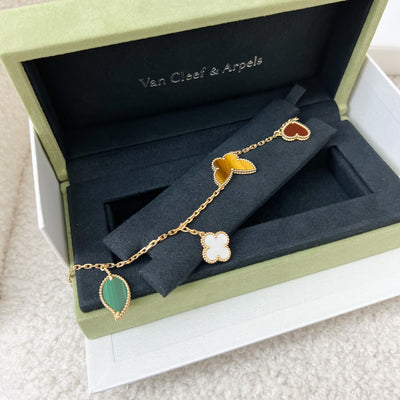 Van Cleef & Arpels VCA 4 Motif Alhambra Lucky Spring Bracelet with Carnelian, MOP, Tiger's eye and Malachite in 18K Gold