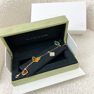 Van Cleef & Arpels VCA 4 Motif Alhambra Lucky Spring Bracelet with Carnelian, MOP, Tiger's eye and Malachite in 18K Gold