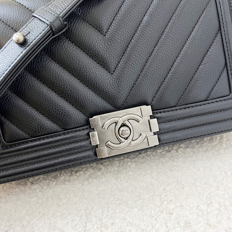 Chanel Medium 25cm Chevron Boy Flap in Black Caviar and RHW