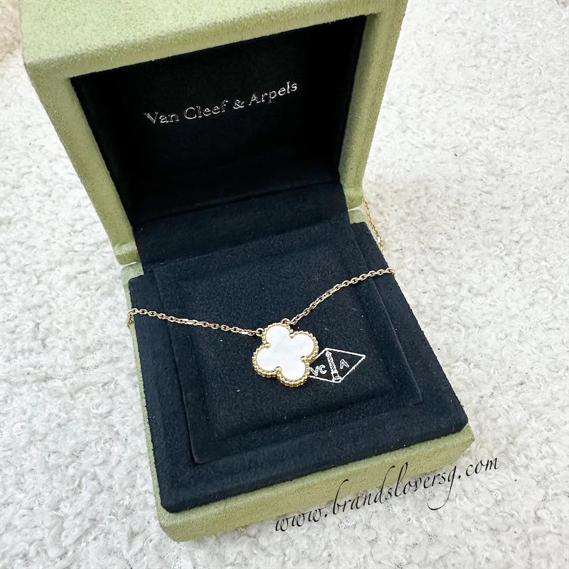 Van Cleef & Arpels VCA Vintage Alhambra White Mother of Pearl MOP Pendant Necklace in 18K Yellow Gold (3cm Extended Length)