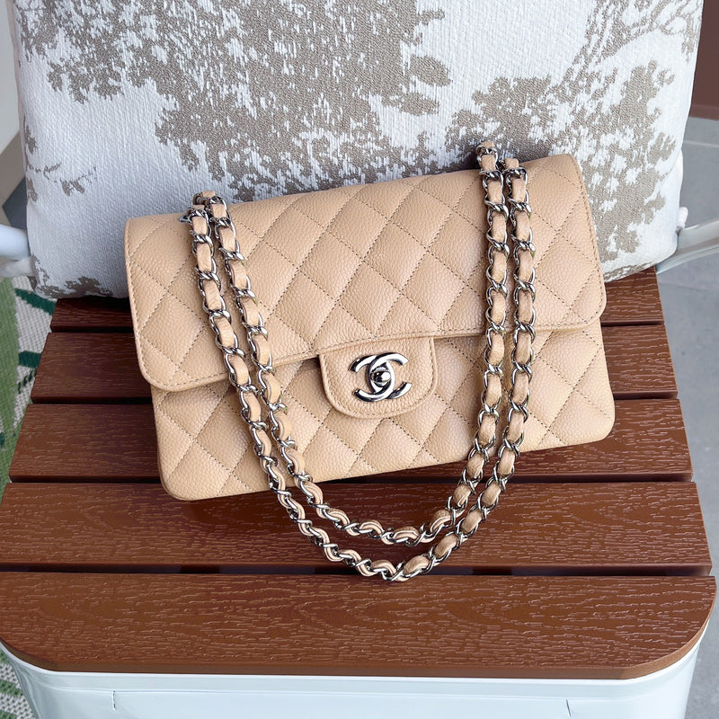 Chanel Small Classic Flap CF in Beige Caviar and SHW