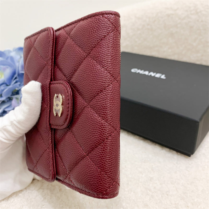 Chanel Classic Compact Trifold Wallet in Burgundy Red Caviar LGHW