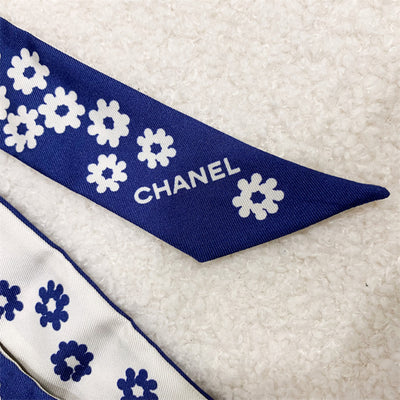Chanel Slim Scarf (Twilly) in Navy and White Silk