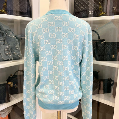 Gucci Signature GG Logo Cardigan in Blue Wool and Cotton