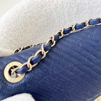 Chanel Seasonal Herringbone Medium Flap in Blue Distressed Calfskin AGHW