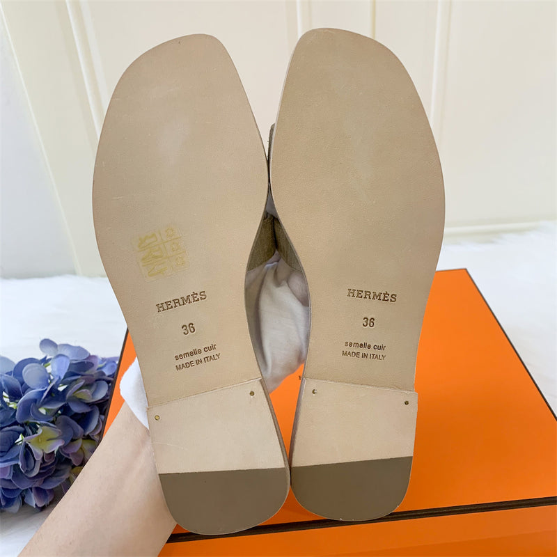 Hermes Oran Sandals in Vibrato Embossed Beige Sable Size 36