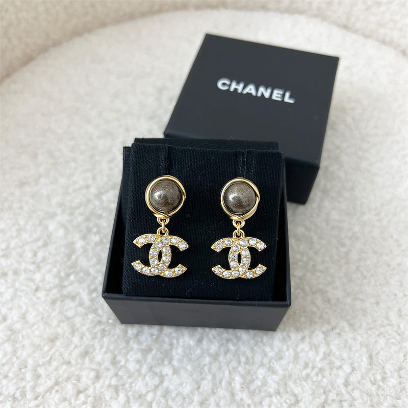 Chanel 22A Crystal Studded CC Dangling Earrings in AGHW