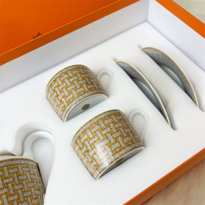 Hermes Mosaique Tea Pot Set with 2 Cups and Saucers in AU 24 (Gold)