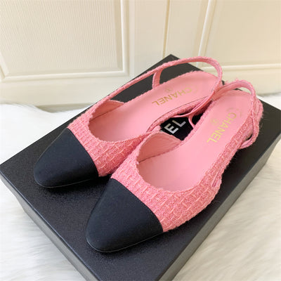 Chanel Sling-back Sandals in Pink Tweed and Black Gosgrain Sz 38