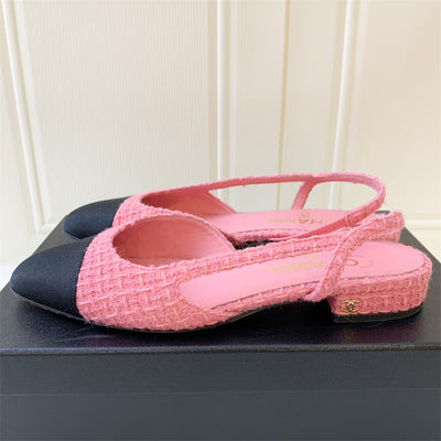 Chanel Sling-back Sandals in Pink Tweed and Black Gosgrain Sz 38