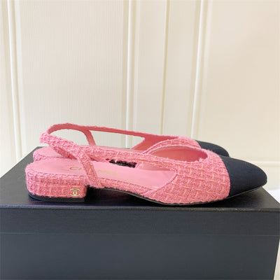 Chanel Sling-back Sandals in Pink Tweed and Black Gosgrain Sz 38