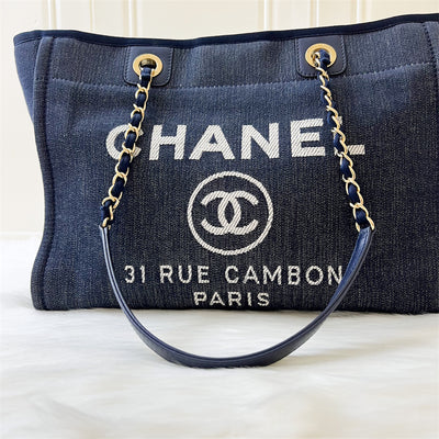 Chanel Small / Medium Deauville Shopping Tote in Dark Blue Denim Fabric and LGHW