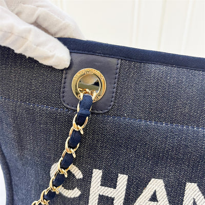 Chanel Small / Medium Deauville Shopping Tote in Dark Blue Denim Fabric and LGHW