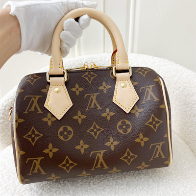 LV Speedy Bandouliere 20 in Monogram Canvas and Beige Patterned Strap