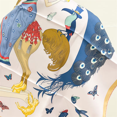 Hermes 90 x 90 cm Scarf in Hermes Story Rose Nacre/Bleu/Beige Print 100% Silk