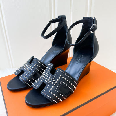 Hermes Black Leather Heels with Silver Studs