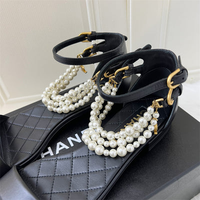 Chanel Sandals with Pearls in Black Lambskin Sz 37.5