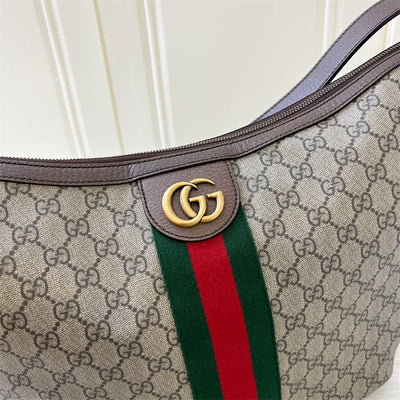 Gucci Ophidia Large Shoulder Bag in GG Supreme Canvas with Brown Leather Trim
