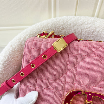 Dior Medium Caro in Bright Pink Macrocannage Denim, Fluorescent Pink Transparent Resin 'CD' Twist Clasp