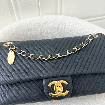 Chanel Seasonal Herringbone Medium Flap in Black Distressed Calfskin AGHW