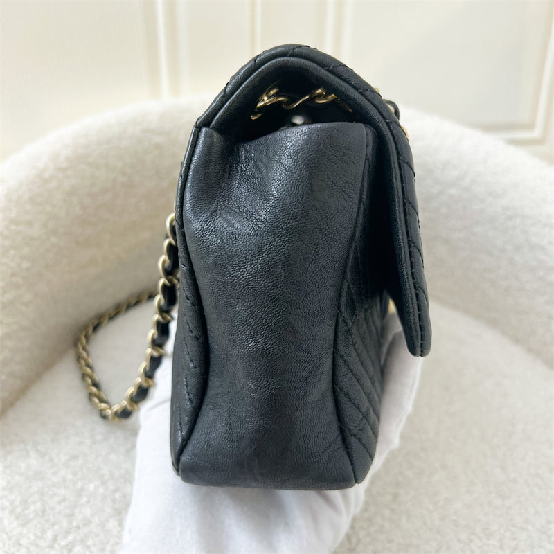 Chanel Seasonal Herringbone Medium Flap in Black Distressed Calfskin AGHW